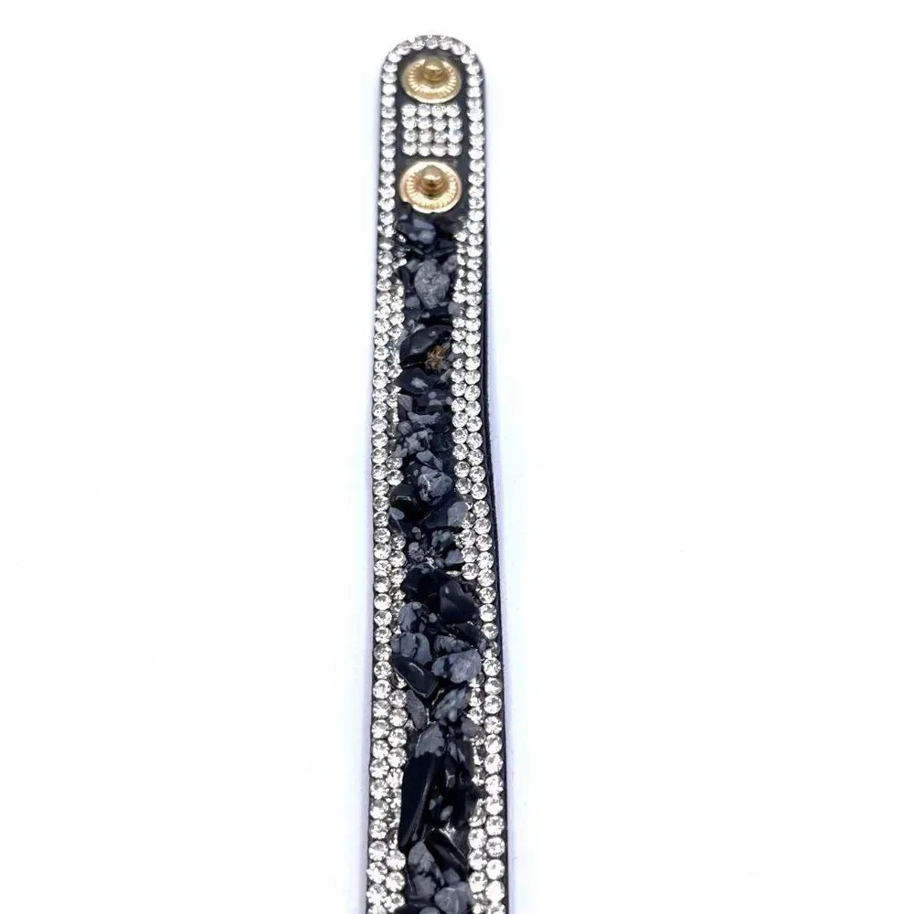 Black Faux Leather with Crystal and Chip Boho Adjustable Bracelet